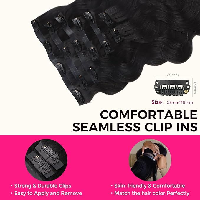 Lashey Seamless Clip in Hair Extensions Human Hair #1 Jet Black Body Wave 7pcs 110g 24 Inch Invisible PU Weft Clip in Hair Extensions Real Human Hair for Women