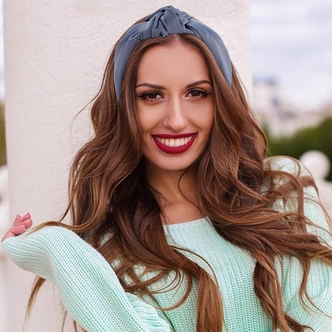 VELSCRUN White Blue Satin Knotted Headband - Wide Non-Slip Silk Turban Headbands for Women's Fashion, Hair Styling Accessories, and Gifts