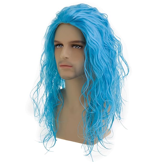 Baruisi Long Curly Wavy Blue Wigs for Men Synthetic Party Halloween Cosplay Hair Wig,Light Blue