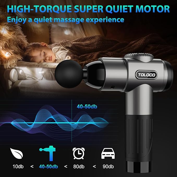 TOLOCO Massage Gun, Deep Tissue Back Massage for Athletes for Pain Relief, Percussion Massager with 10 Massages Heads & Silent Brushless Motor, Christmas Gifts for Women, Men, Grey