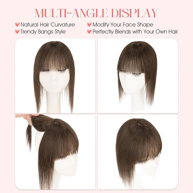 Hairro Mono Hair Toppers with Bangs, 3.4" x 3.4" Mono Base 100% Real Human Hairpieces for Women, 150% Density Clips In Topper for Greyish Thinning Hair, 12 Inch Cocoa Brown