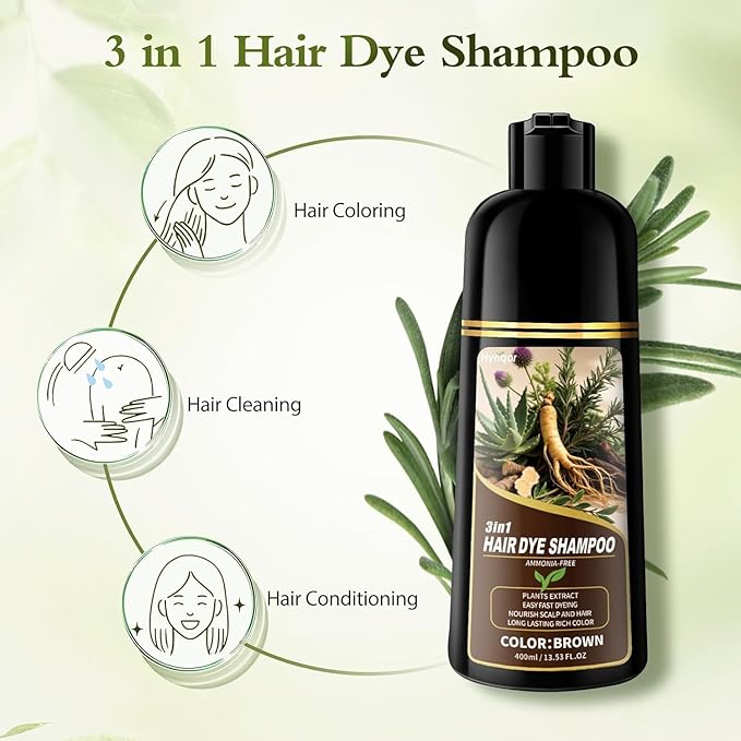 Brown Hair Color 3 in 1 Hair Dye Shampoo for Women Men Gray Hair Coverage, Natural Herbal Ingredients Semi-Permanent Hair Color Shampoo