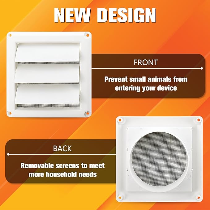 Funmit 4" Dryer Vent Cover for Exterior Wall Vent Hood Outlet Airflow Dryer Air Vent with Screen Includes 4 Screw for Easy Installation (White)