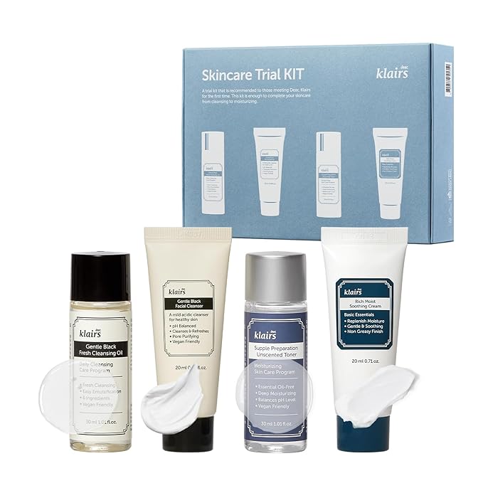 [DearKlairs] Skincare Trial Kits, 4 minis, cleansing oil, cleanser, toner, cream, Travel must haves, Gifts for Women, Stocking Stuffers for adults