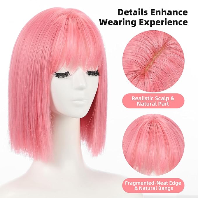 Allbell Pink Bob Wigs for Women Short Wig with Bangs Heat Resistant Synthetic Hair 12 inch for Daily Party Halloween Costume Use