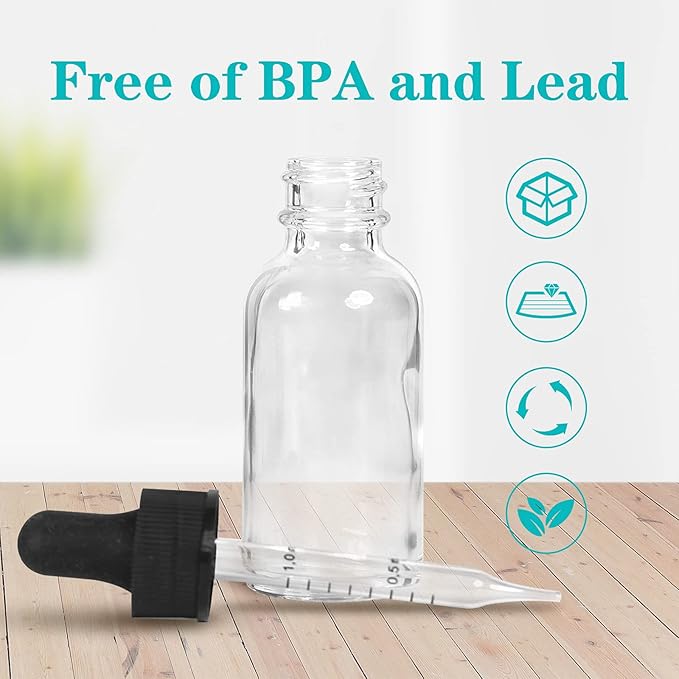 2 oz Dropper Bottle 24 Pack Clear Glass Boston Bottles 60ml with Eye Droppers Black Caps for Essential Oils, Perfume, Leak Proof Travel Bottles for Liquids