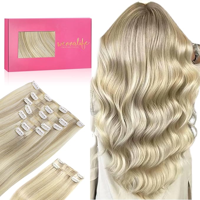 WENNALIFE Hair Extensions Clip In, 9pcs 20inch 150g Ash Blonde Highlighted Platinum Blonde Thicker Clip In Hair Extensions Real Human Hair Remy hair extension Double Weft Clip in Human Hair Extensions