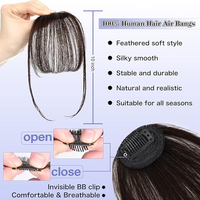 NAYOO Bangs Hair Clip- Dark Brown Fake Bangs 100% Real Human Hair Extensions Wispy Bangs for Women Fringe with Temples Hairpieces Curved Bangs for Daily Wear（Dark Brown Wispy Bangs）