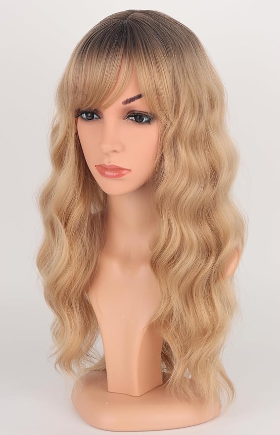 Medium Long Blonde Wavy Wigs For Women Synthetic Full Hair Blonde Wigs With Bangs For Daily Use (Blonde)