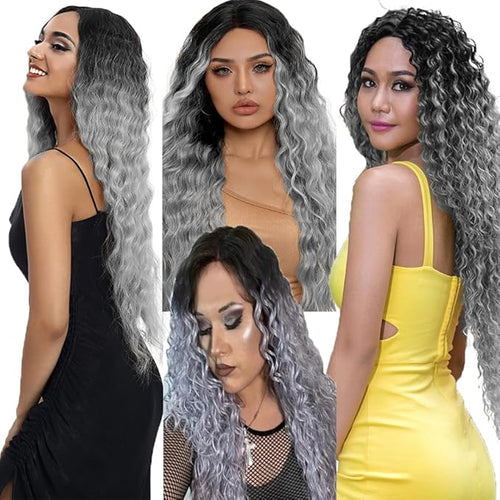 30 32 34 Inch Ombre Bundles Human Hair Grey Deep Wave Bundle Brazilian Virgin Remy Hair Extensions Double Weft 2 Tone Black and Silver Deep Wave Bundle Hair Weave 300g