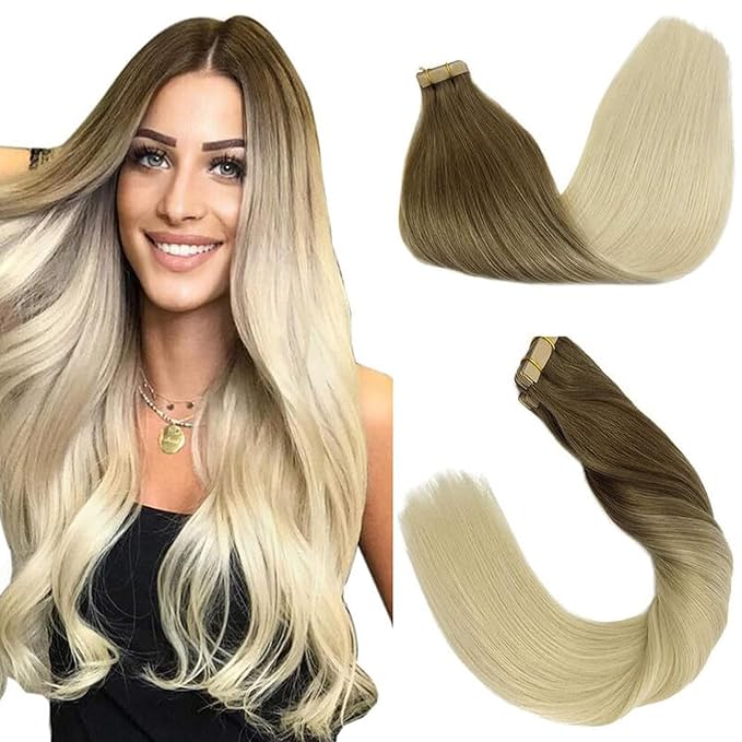 GOO GOO Tape in Hair Extensions Human Hair, 9/60 Balayage Ash Brown to Platinum Blonde, 18inch 50g 20pcs, Skin Weft Seamless Invisible, Silky Straight with Thick Ends, Remy Human Hair