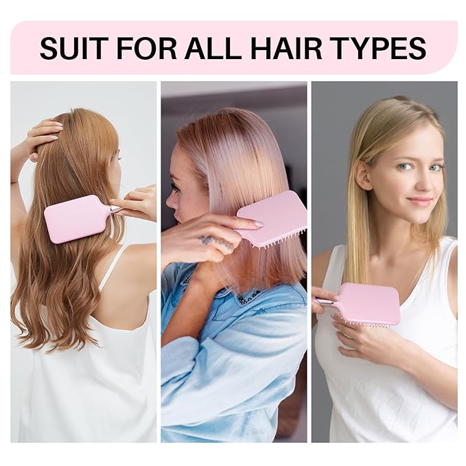 RHOS Paddle Brush for Women & Men - Detangler for Thick, Curly, Long, Wet & Dry Hair - Nylon Bristles Square Cushion Brush for Smoothing and Detangling (1 Pack - Pink)