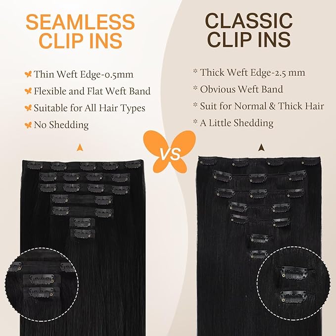 DOORES Human Hair Clip in Extensions, Jet Black 110g 7pcs 14 Inch, Seamless Clip in Hair Extensions Human Hair Extensions Clip in Straight Trick Hair Invisi Edge Hair Extensions Remy Natural Hair