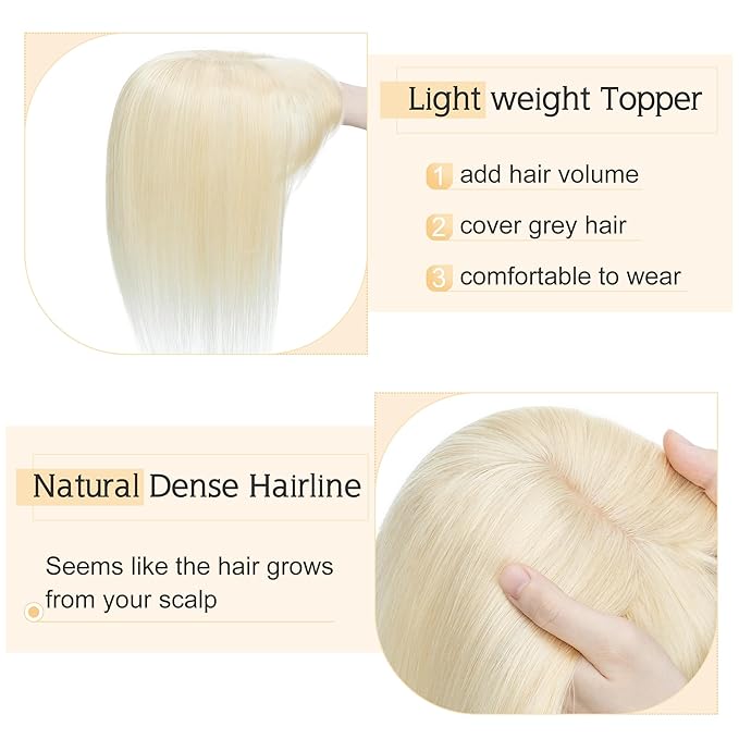 SEGO Hair Toppers for Women Real Human Hair With Bangs, 7 * 13CM Silk Base 100% Remy Human Hair Clip in Top Wiglet Hairpieces Add Volume -8 Inch Platinum Blonde