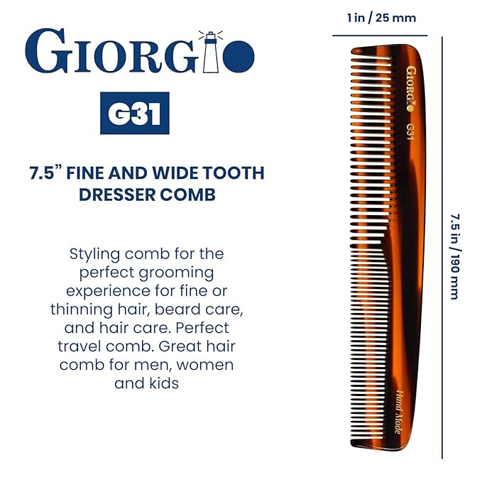 Giorgio G31 TortoiseShell Fine Tooth and Wide Tooth Hair Comb, Styling Comb, Grooming Hair Combs for Women, Mens Beard Care Combs for Detangling and Styling - Handmade Saw-Cut and Hand Polished