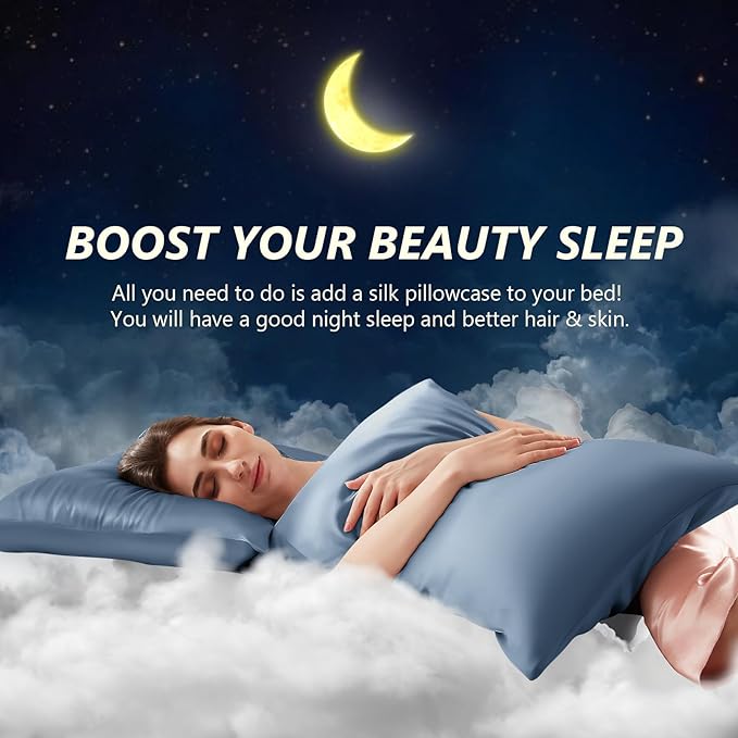 Silk Pillow Cases 2 Pack King Size Mulberry Silk Pillowcase Set of 2 for Hair & Skin 36 x 20 Inches 22 Momme Both Sided Grade 6A Silk Soft Breathable Cooling with Hidden Zipper, Grey Blue