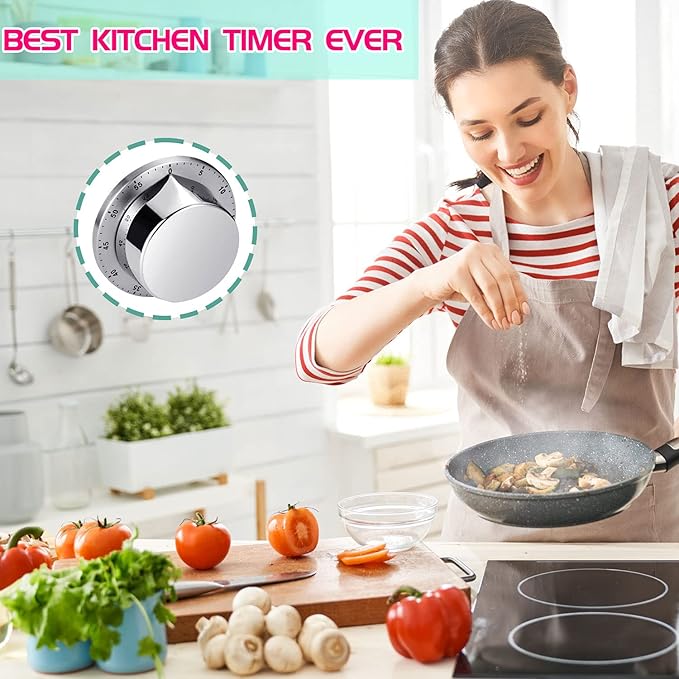 Kitchen Timer, Chef Cooking Timer Clock with Loud Alarm, No Batteries Required, 100% Mechanical - Magnetic Backing, Exquisite Stainless Steel Body - Countdown Reminder - Silver 1Pack