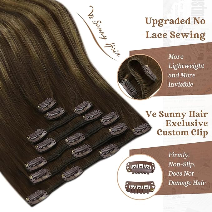 Ve Sunny Clip in Human Hair Extensions Dark Brown Balayage Caramel Blonde Human Hair Clip in Extensions 14inch Short Hair Extensions Real Human Hair Clip ins 100g 7Pcs