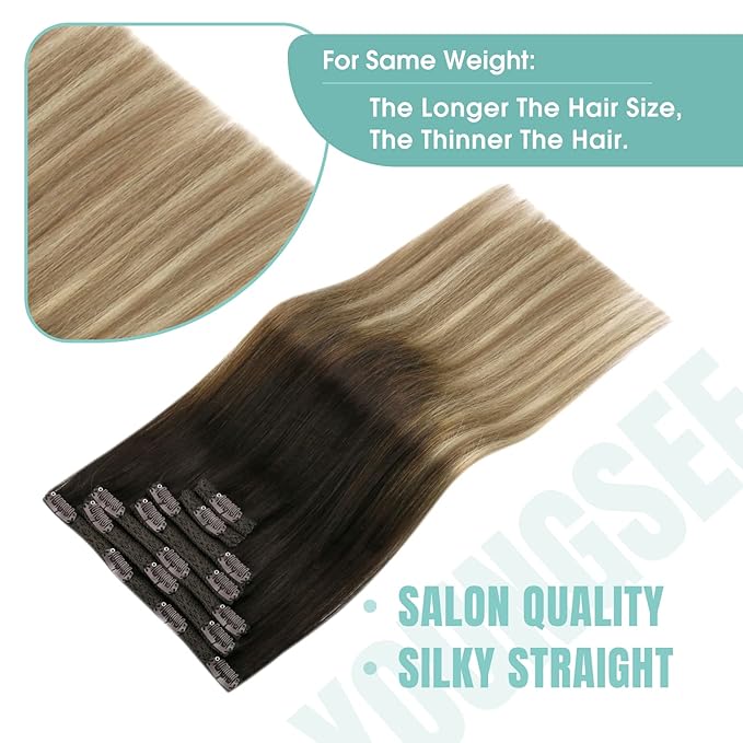 YoungSee Balayage Clip in Hair Extensions Real Human Hair Ombre Clip in Extensions Remy Hair Clip on Hair Extension Dark Brown Roots to Light Brown with Blonde 12inch 85g