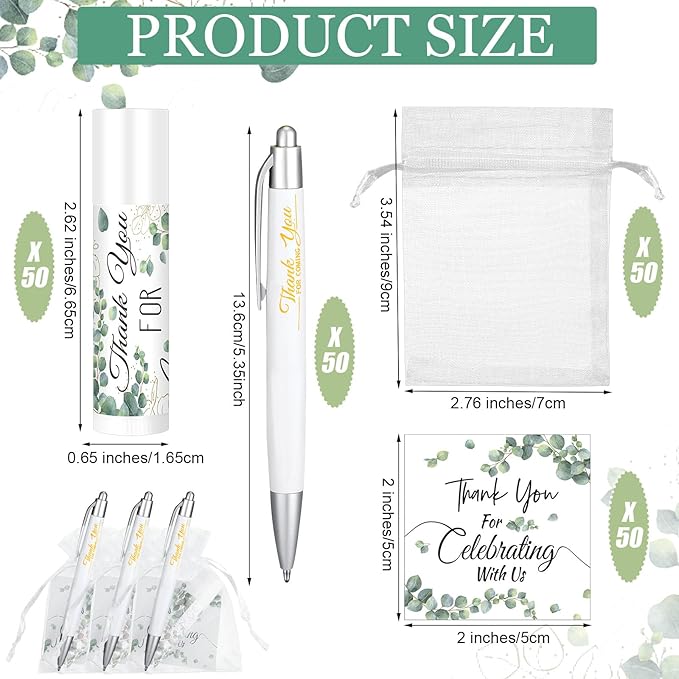 50 Set Bulk Thank You Combo Gifts Include Lip Balms Appreciation Ballpoint Pen Thank You Card Organza Drawstring Gift Bag Pouch for Wedding Parties Baby Shower Favors, Eucalyptus Leaves Style