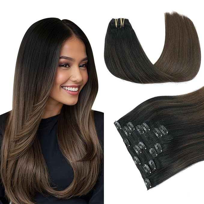 PINKPEARL Clip in Hair Extensions, 22 Inch 7pcs 120g #1BT4 Balayage Natural Black to Chocolate Brown, Hair Extensions Real Human Hair Clip Ins Natural Straight Hair for Women(#1BT4-22)