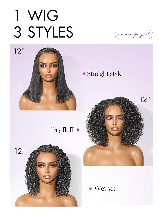LUVME HAIR Wet and Wavy 5x5 Closure Water Wave Short Curly Bob Glueless Wigs Human Hair Pre Plucked Pre Cut Lace Side Part 100% Human Hair Wig 14 Inches