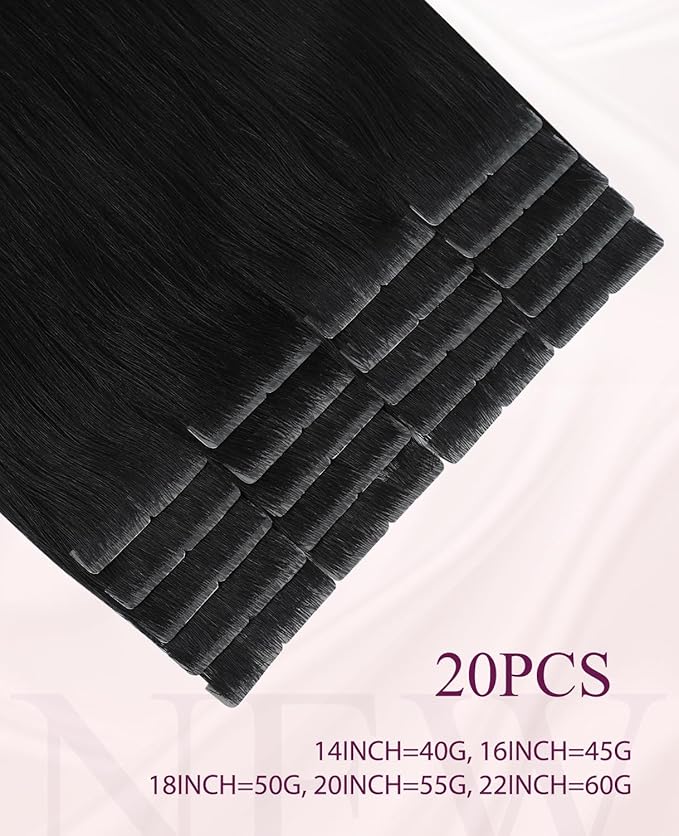 Pinkpearl Invisible Tape in Hair Extensions Human Hair, 20pcs 22inch 60g #1B Natural Black Injection Tape in Extensions Real Remy Straight Seamless Silky Human Hair Injected