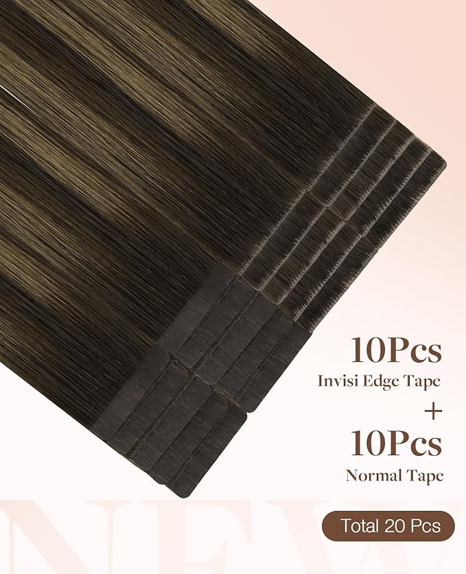 GOO GOO Invisi Edge Tape in Hair Extensions Human Hair, 2/6/2 Balayage Dark Brown to Chestnut Brown 10pcs injected with 10pcs classical tape ins, 20inch 50g, Virgin Remy Hair, Natural Look