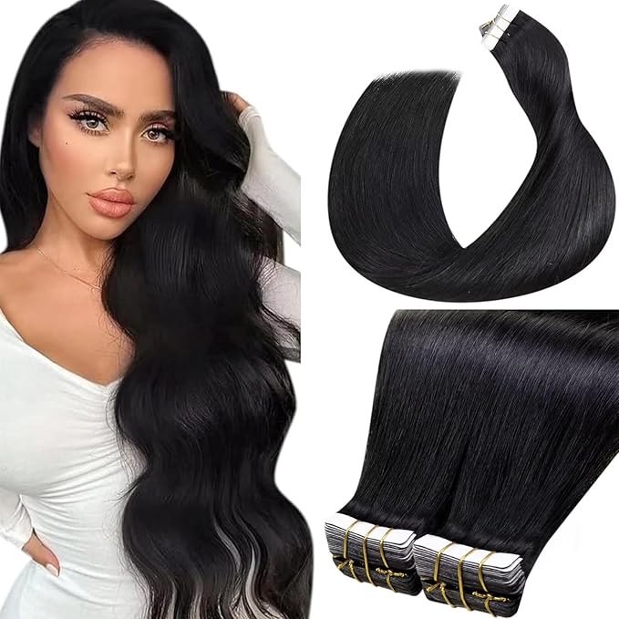 LaaVoo Hair Extensions Tape in Black Tape in Extensions Human Hair Tape on Hair Extensions Real Silky Soft Hair 18inch 40 Pieces 100g