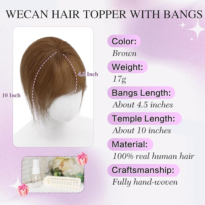 Hair Toppers for Women Real Human Hair 3D Bangs Clip 100% Human Toppers for Women 10 Inch Clip in Bangs Hairpieces(Brown)