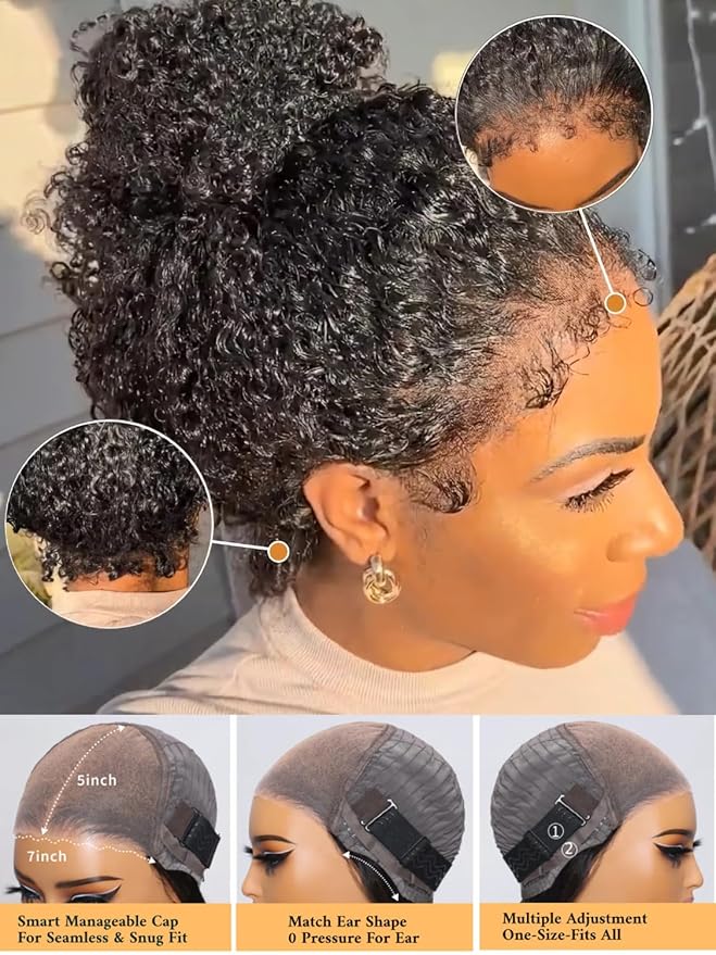 Julia Hair Bye Bye Knots 4C Kinky Curly Glueless Natural Hair Wig 7x5 Pre Cut HD Lace Front Kinky Edges Hairline Wig Pre Bleached Pre Plucked Virgin Hair with Baby Hair for Black Women 24 Inch
