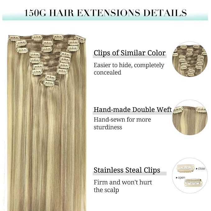 DOORES Clip in Hair Extensions, Light Blonde Highlighted Golden Blonde 150g 9pcs 24 Inch, Real Human Hair Clip ins Remy Clip In Hair Extensions Natural Silky Straight