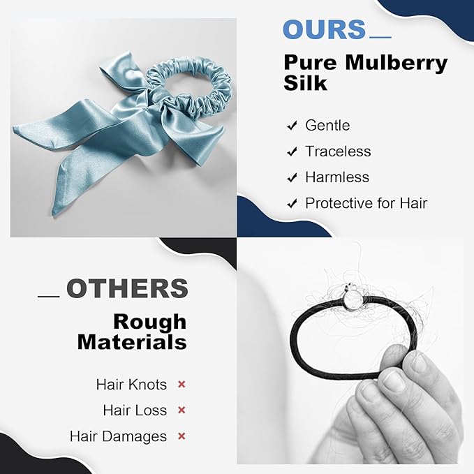 1 Piece Silk Bow Scrunchies for Hair-100% Pure Mulberry 22 Momme Silk Hair Tie, Elastic Ponytail Holder, Elegant Soft Bow Hair Ties Band for Women Hair Care, Multiple Colours (MIST BLUE)