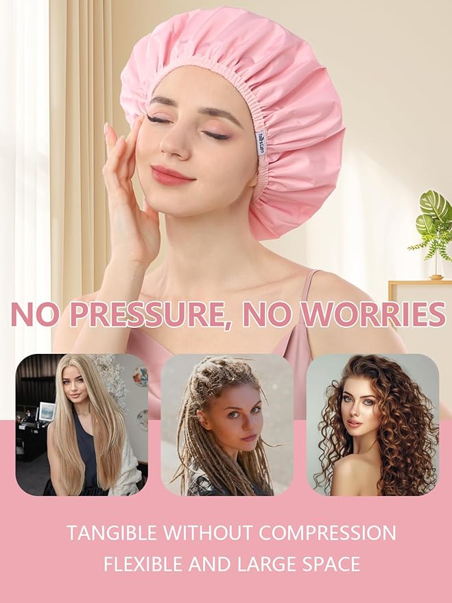 Years Calm Shower Caps For Women Reusable Waterproof，Pattern And Solid Color Dual-Layer Design For Dual-Layer Usable，Protects Hair In Shower, Spa, Cooking, Clean & Travel (Pink, Extra Large)
