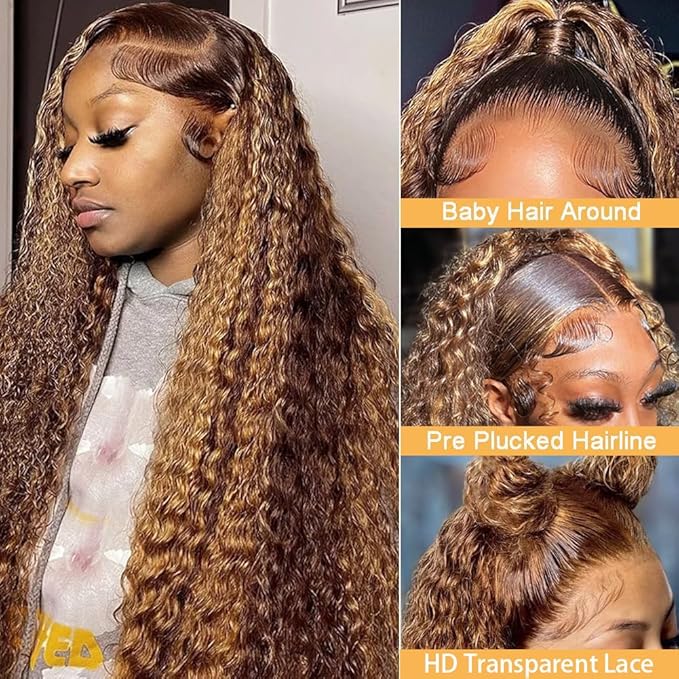 28inch Highlight Ombre Lace Front Wig Human Hair 13x6 HD Honey Blonde 4/27 Deep Wave Lace Frontal Wigs Glueless Wigs Human Hair