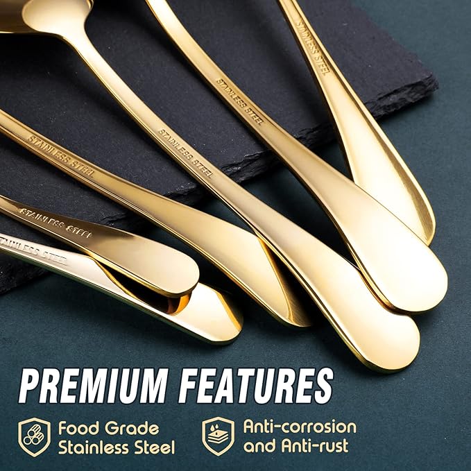 Gold Serving Utensils, OGORI 15-Piece Stainless Steel Gold Serving Utensils Set Include Serving Spoons, Slotted Serving Spoons, Serving Tongs, Serving Forks, Butter Knife, Soup Ladle, Pie Server