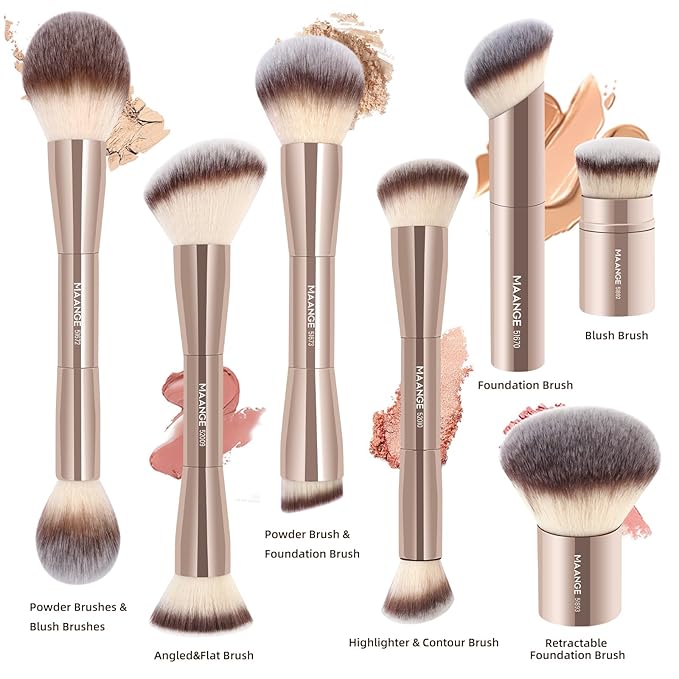 MAANGE 7pcs Makeup Brush Set Double Sided Kabuki Makeup Brushes Contour Brush for Foundation Liquid Powder Concealer Cream Cosmetics Bronzer Blending Blush Buffing Makeup Tools (Gold)