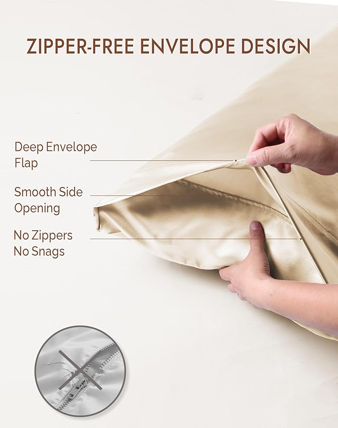 SilkSilky 100% Mulberry Silk Pillowcase - Pure 22 Momme High-Grade 6A Fibers for Hair & Skin, Envelope Closure, Natural, Organic, Breathable & Cooling Pillow Case (Standard, Beige)