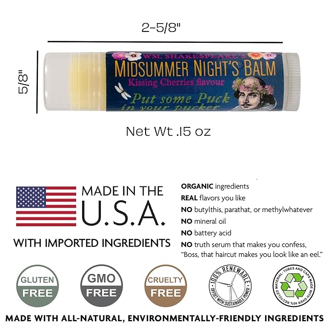 Shakespeare's Midsummer Night's Lip Balm Tube, Cherry Flavored - Cruelty-Free and Made in the USA from Natural and Imported Ingredients