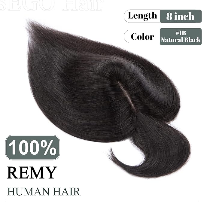 SEGO Hair Toppers for Women Real Human Hair with Thinning Hair, Toppers Hair Pieces Clip in Toppers Straight Hair Pieces with Front Bangs 150% Density Silk Base -8 Inch #1B Natural black
