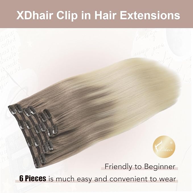 XDhair Clip in Hair Extensions Human Hair 120g18 Inch Balayage Ombre Ash Brown to Platinum Blonde Double Weft Clip in Hair Extensions 6pcs for Women(18, #8T60)