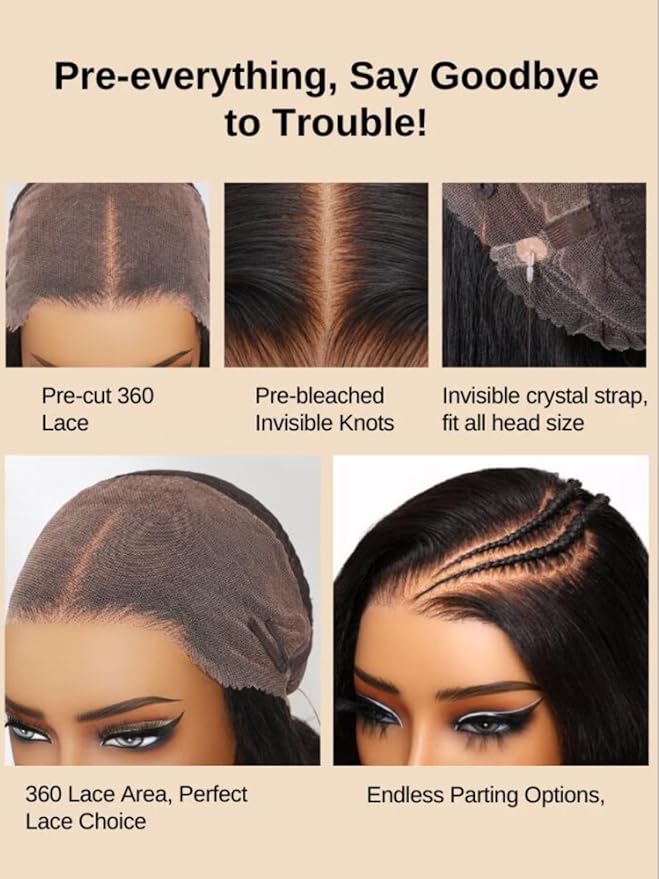 KLAIYI Water Wave Pre Cut 360 Full Lace Frontal Glueless Wig Human Hair Drawstring Pre Plucked Bleached Bye Bye Knots Pre Everything Ready to Wear And Go Curly Beginner Wig with Baby Hair 180% 18Inch