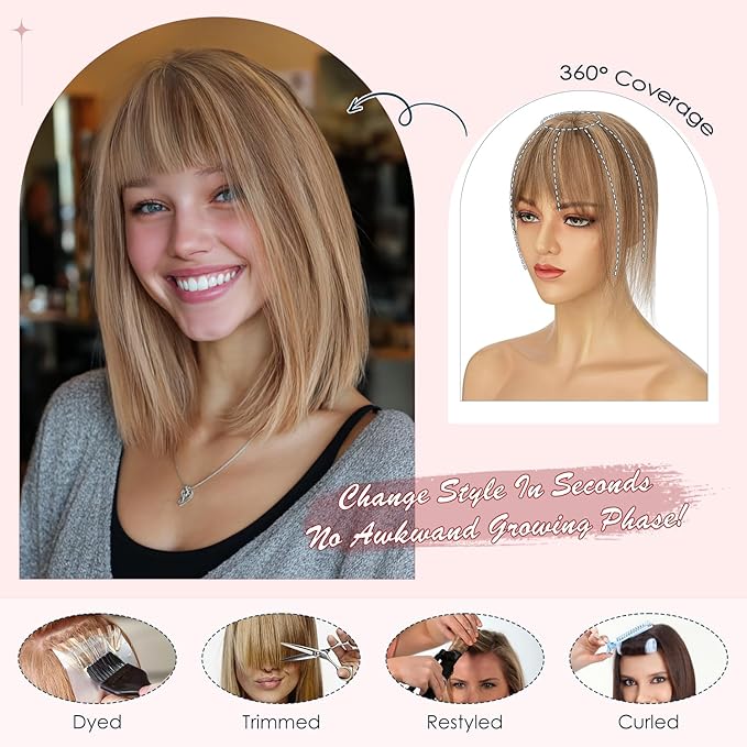 Human Hair Topper with Bangs for Women, 360° Cover Clip in Fringe Bangs Hair Toppers Hair Piece with Highlights 3.15x4.33 Hand-tied Base Medium Brown&Dark Blonde