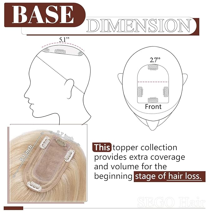 SEGO Real Human Hair Topper for Women No Bangs, Hair Topper with Anti-Slip Clips (6 Inches Ash Blonde Mix Bleach Blonde)