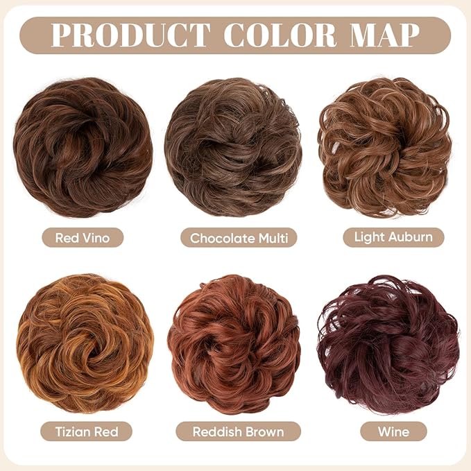 SARLA 2PCS Messy Hair Bun Hair Pieces Wavy Curly Synthetic Updo Fake Scrunchies Ponytail Extension for Women Reddish Brown