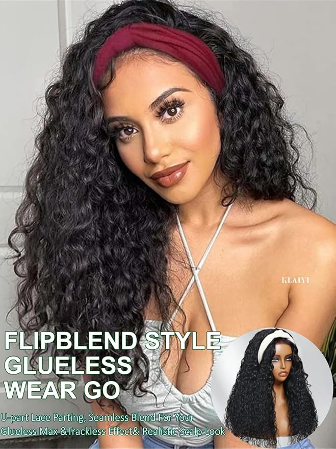 KLAIYI Water Wave 3 In 1 Flip Over 3/4 Half Wig Human Hair Curly Flip Over Seamless Blend Edges Glueless Wear and Go Drawstring Headband Clip In Wigs for Women Ready to Go Wig Beginner Friendly 22Inch