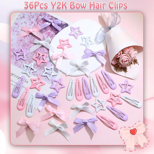36Pcs Y2k Pink Bow Hair Clips Water Drop Snap Hair Barrettes Metal No Slip Star Hair Clips White Mini Hair Bows Bowknot Star Hair Accessories for Women Girls