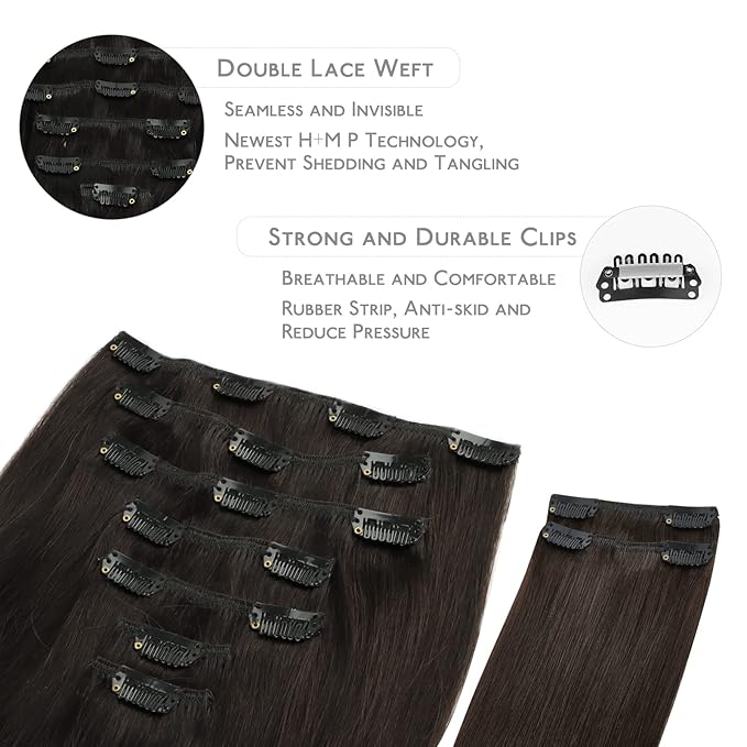 WENNALIFE Clip in Hair Extensions, 150g 22 Inch 9pcs Dark Brown Remy Hair Thicker Double Weft Extensiones De Cabello Humano Con Clip Ins Straight Full Volume