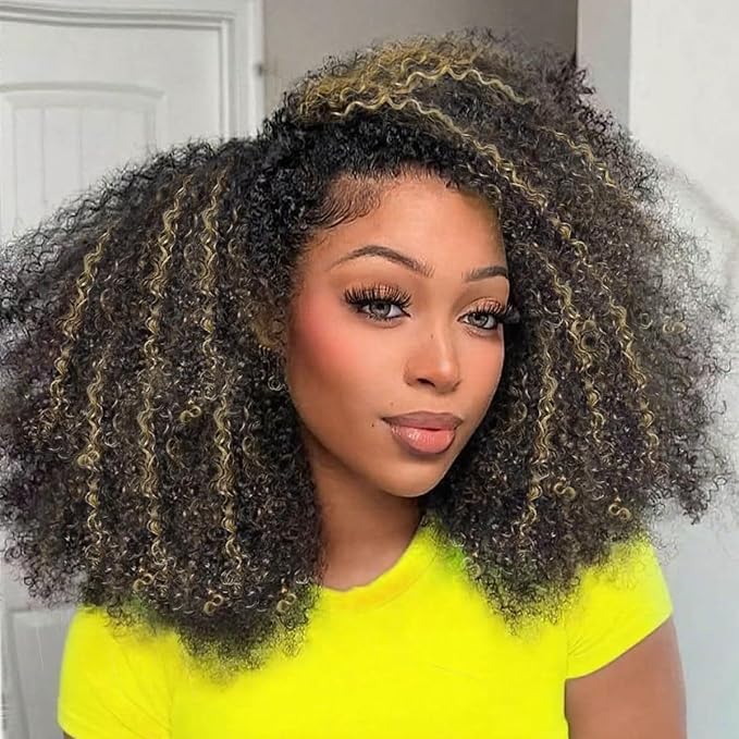 250% Density Curly Half Wig Human Hair Ombre Kinky Curly Wear Go Glueless Wigs Human Hair Balayage Highlight 3 In 1 Half Wig With Adjustable String Flip Over Beginner Friendly Invisible Hairline