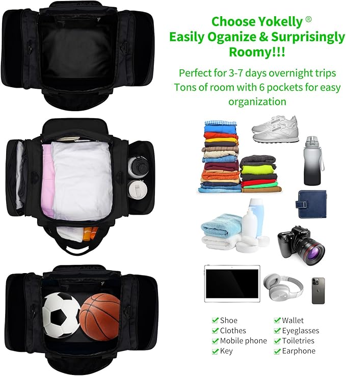 Gym Bag 22 inch Sport Duffle Bag for Men - 55L Weekender Duffel Bag for Travel 22“×12”×13“ - Black